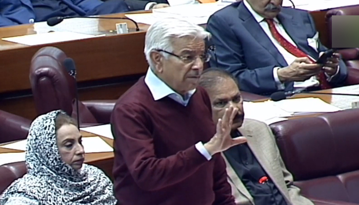 Defence Minister Khawaja Asif briefs the National Assembly on the Bannu incident in Islamabad on December 20, 2022. — YouTube/PTVParliament