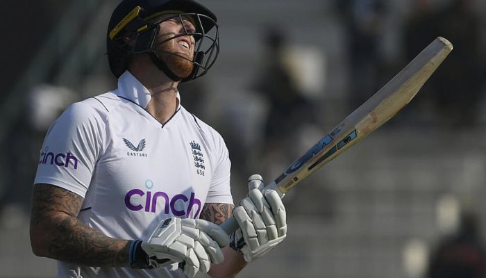England captain Ben Stokes reacts after being dismissed in the second Test in Multan.— AFP