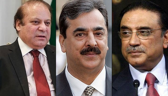 (L-R) Former prime ministers Nawaz Sharif and Yousuf Raza Gillani, and former president Asif Ali Zardari. — Twitter/@airnewsalerts