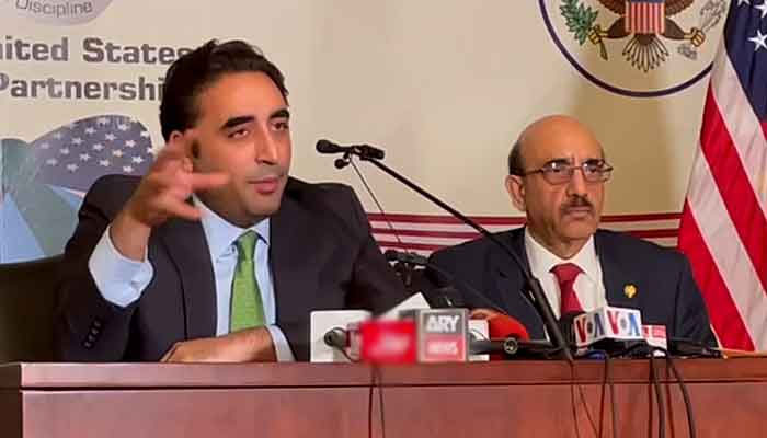 Foreign Minister Bilawal Bhutto speaks at a press conference along with Ambassador Masood Khan at the Pakistan Embassy in Washington. — Screengrab