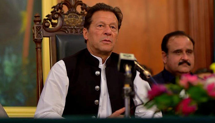 Pakistan Tehreek-e-Insaf Chairman Imran Khan addressing MPAs from Punjab on April 5, 2022. — NNI