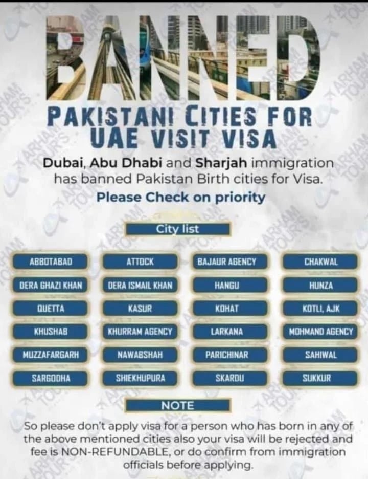 Pakistan'ın belirli şehirlerinden gelen insanlar için BAE vizesinin yasaklandığının reklamını yapan ve internette dolaşan posterin ekran görüntüsü.