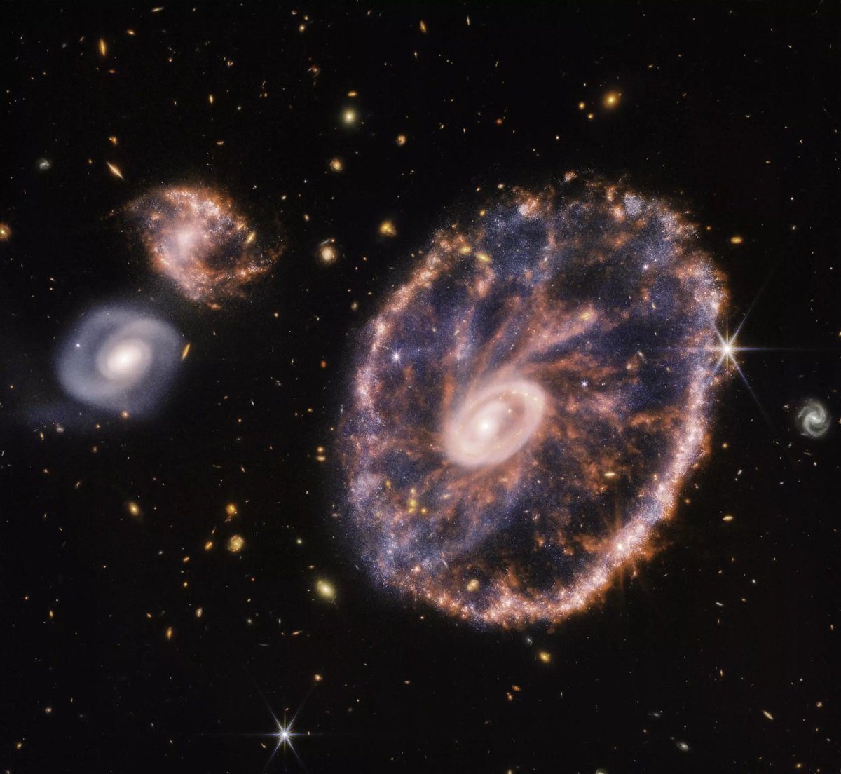 Cartwheel Gökadası, Webb teleskobu tarafından yakalanan parlak bir renk çemberi.— AFP