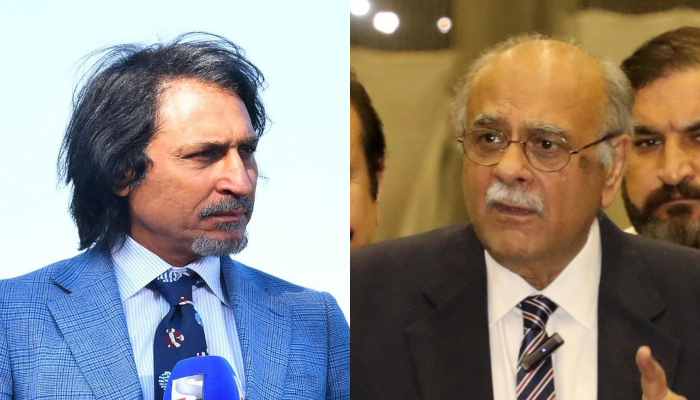 Eski Pakistan Kriket Kurulu başkanı Ramiz Raja (solda) ve PCB Yönetim Komitesi Başkanı Najam Sethi.  — PCB/Dosya