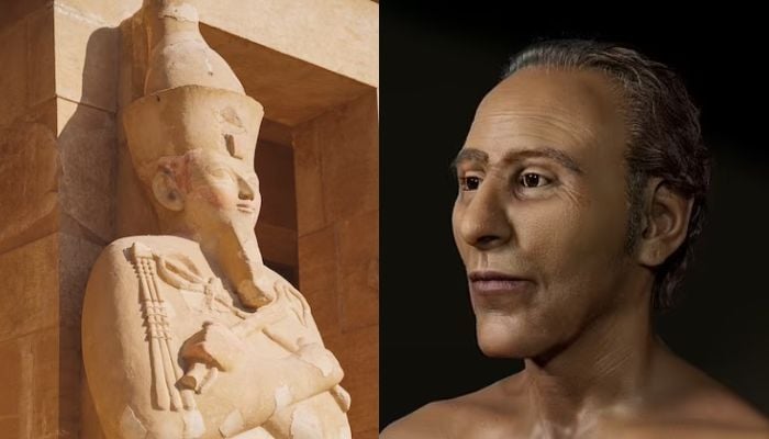 A statue of King Ramesses II in Luxor Egypt (l), reconstructed face of the pharoah (r).— Unsplash, Face Lab LJMU