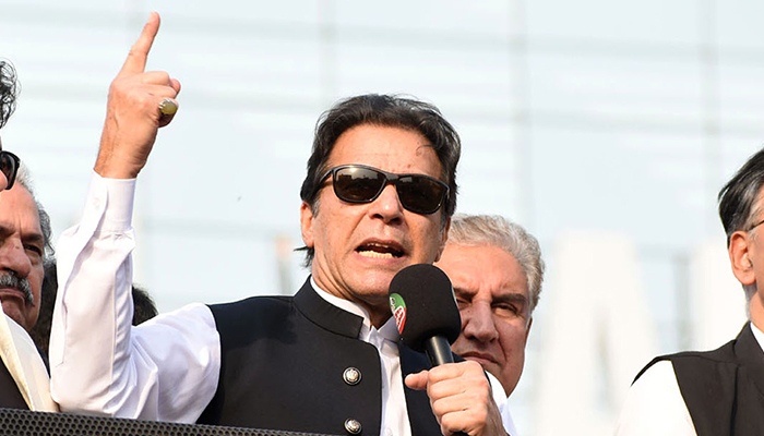 Former Pakistan prime minister Imran Khan addresses his supporters during a rally at Liberty Chowk in Lahore on October 28, 2022. — Online