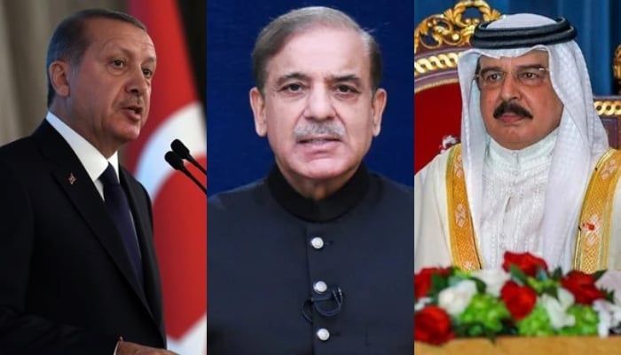 Turkiyes President Recep Tayyip Erdogan (from left to right), PM Shehbaz Sharif and Bahrain King Hamad Bin Isa Al Khalifa. — AFP/PMO