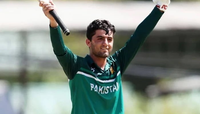 Haseebullah Khan celebrates after scoring a century — ICC