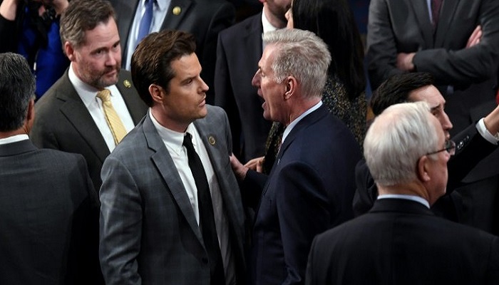 Kevin McCarthy and fellow Republican Matt Gaetz square off in the US House of representatives on January 6, 2023. — AFP