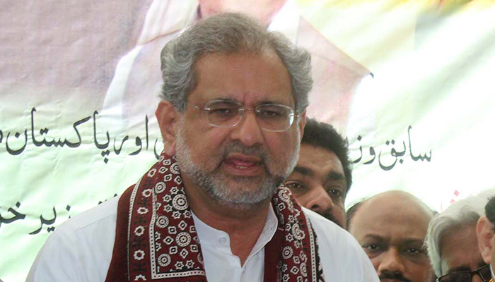 Former prime minister Shahid Khaqan Abbasi addresses media persons during a press conference in Hyderabad on February 06, 2022. — PPI