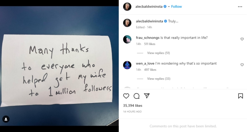 Alec Baldwin thanks fans for helping get wife Hilaria to 1m Instagram followers