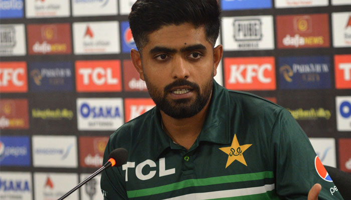 Babar Azam speaks during a press conference ahead of their one-day international (ODI) cricket match against New Zealand at the National Stadium in Karachi, on January 8, 2023. — AFP