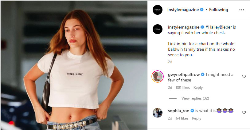 Gwyneth Paltrow shows support to Hailey Bieber after she wore a ‘nepo baby’ shirt