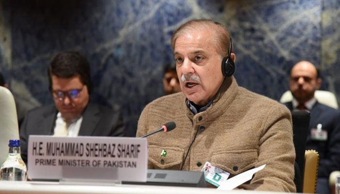 Prime Minister Shehbaz Sharif addresses the International Conference on Resilient Pakistan held in Geneva on January 9, 2023. — PID
