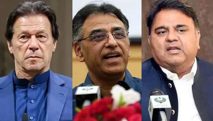 Combo photo shows PTI leaders Imran Khan (left), Asad Umar, and Fawad Chaudhry. — AFP/PID/File