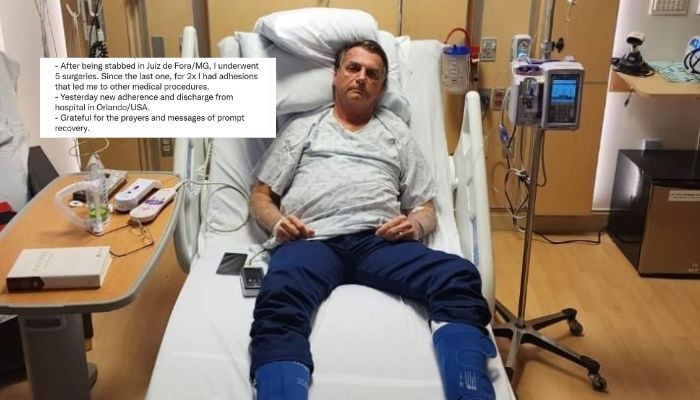 Brazils former president Jair Bolsonaro tweeted this photo of himself in hospital in Florida on January 9, 2023.— Twitter/@jairbolsonaro