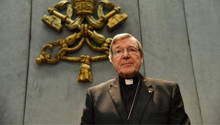 In this file photo taken on June 29, 2017 Australian Cardinal George Pell looks on as he makes a statement at the Holy See Press Office at the Vatican after being charged with historical sex offences in a case that has rocked the church.— AFP