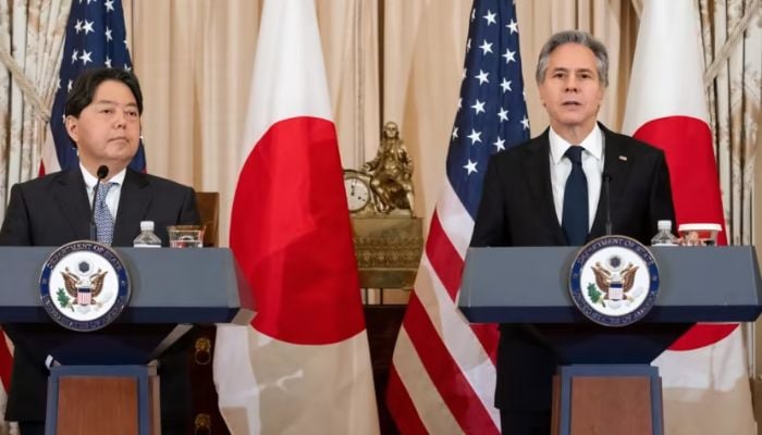 US Secretary of State Antony Blinken (right) speaks alongside Japanese Foreign Minister Yoshimasa Hayashi during a press conference following meetings at the US Department of State in Washington, DC, on Jan 11, 2023.— AFP