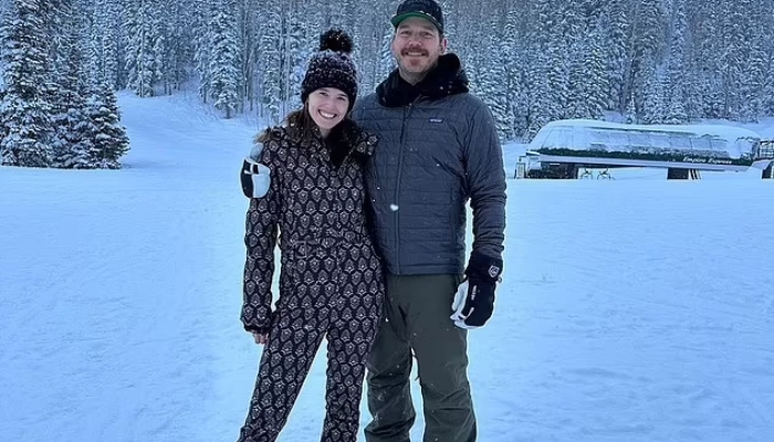 Chris Pratt and Katherine Schwarzenegger bundle up in winter wear while enjoying a mountain ski trip