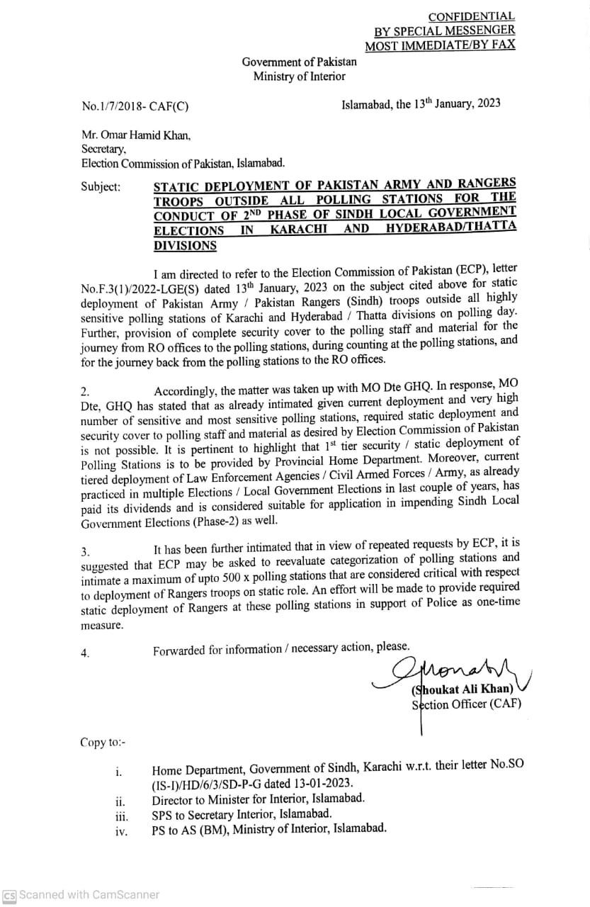 Letter from the interior ministry to the ECP on January 13, 2023. — Photo by author
