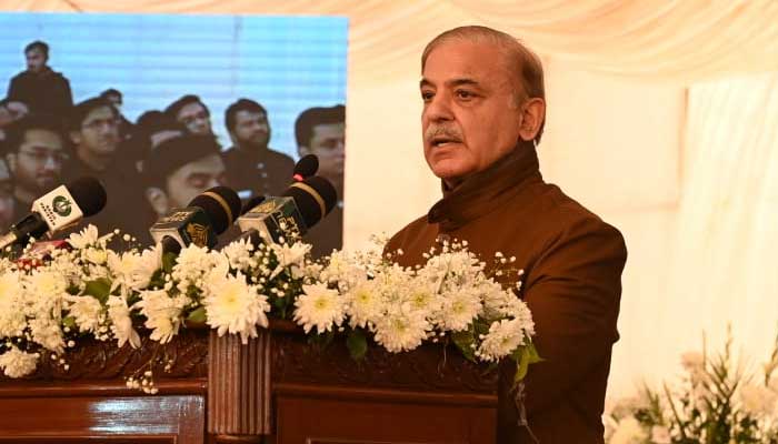 Prime Minister Shehbaz Sharif speaks during his address at the passing out ceremony of 45th Specialised Training Program of PAS in Lahore.. — Twitter/@GovtofPakistan