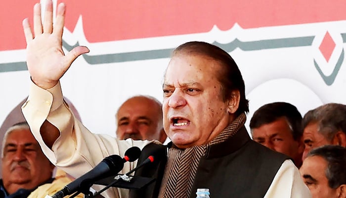 PML-N supremo Nawaz Sharif addresses his supporters in this undated photograph. — AFP/File