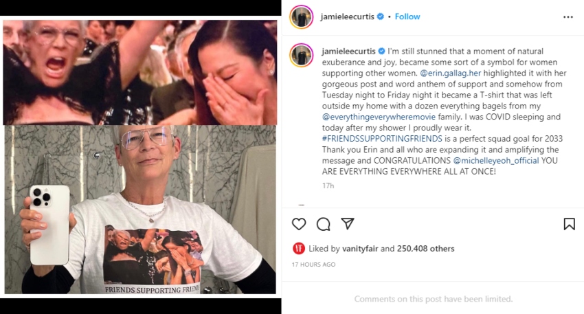 Jamie Lee Curtis rocks t-shirt featuring Michelle Yeoh's viral Golden Globe  moment