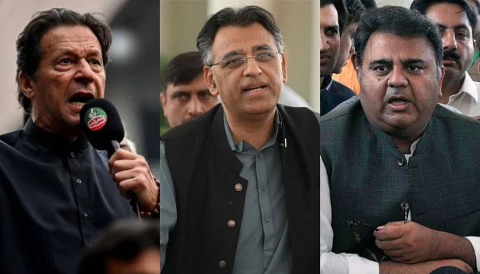 Pakistan Tehreek-e-Insaf leaders Imran Khan, Asad Umar, and Fawad Chaudhry. — AFP/File