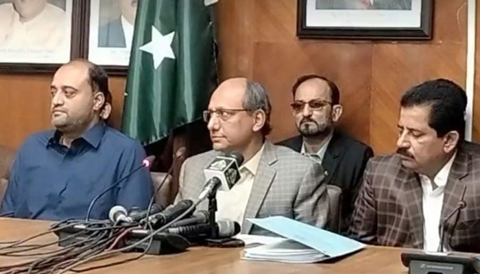 Sindh Labour Minister Saeed Ghani addresses a press conference along with other Pakistan Peoples Party leaders in Sindh Assembly on January 16, 2023. — Handout image