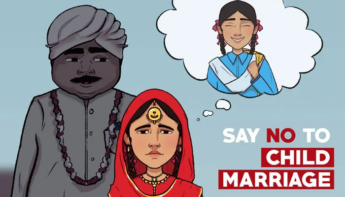 پاکستان میں کم عمری کی شادی کے مسئلے کو اجاگر کرنے والا بینر۔  — Twitter/@EUPakistan