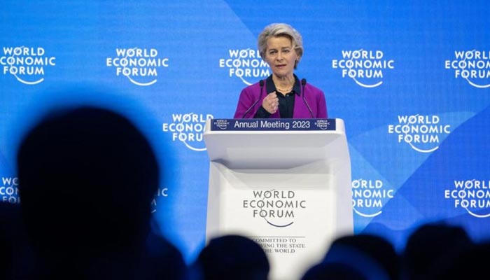 European Commission president Ursula von der Leyen addresses the audience during a session of the World Economic Forum annual meeting in Davos on January 17, 2023. — AFP