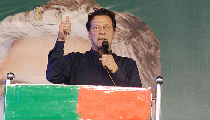 PTI Chairman Imran Khan addressing a public gathering during the by-election campaign in Multan on July 15, 2022. —APP