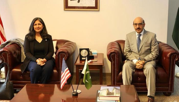 Irvine Mayor Farrah N. Khan photographed with Pakistan’s Ambassador to the US Masood Khan on January 18, 2023. — Radio Pakistan