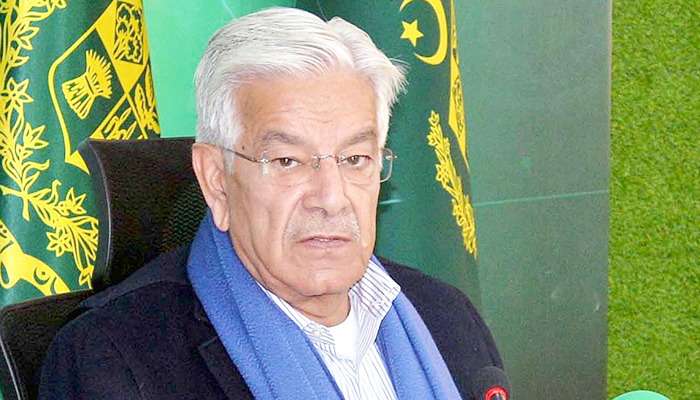 Federal Minister for Defence Khawaja Muhammad Asif addresses a press conference at PTV Headquarters on January 23, 2023. — APP