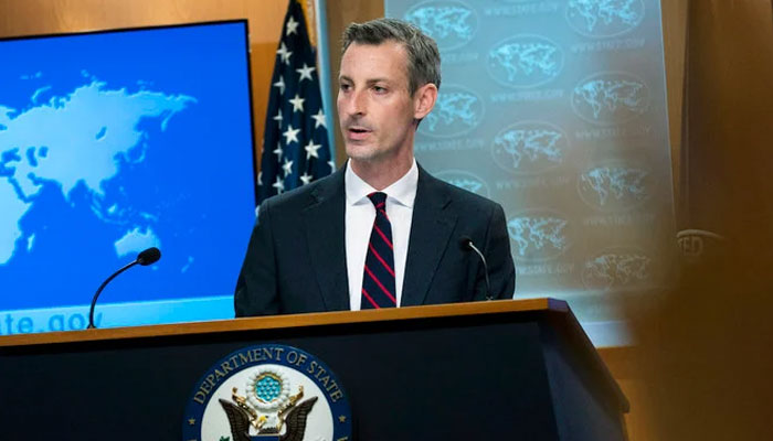US State Department spokesman Ned Price speaks during a news conference at the State Department in Washington, DC.