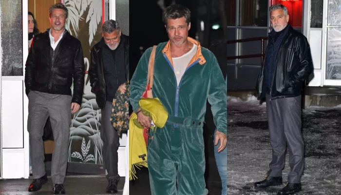 Brad Pitt and George Clooney snapped shooting in similar outfits for their upcoming Apple Thriller Wolves