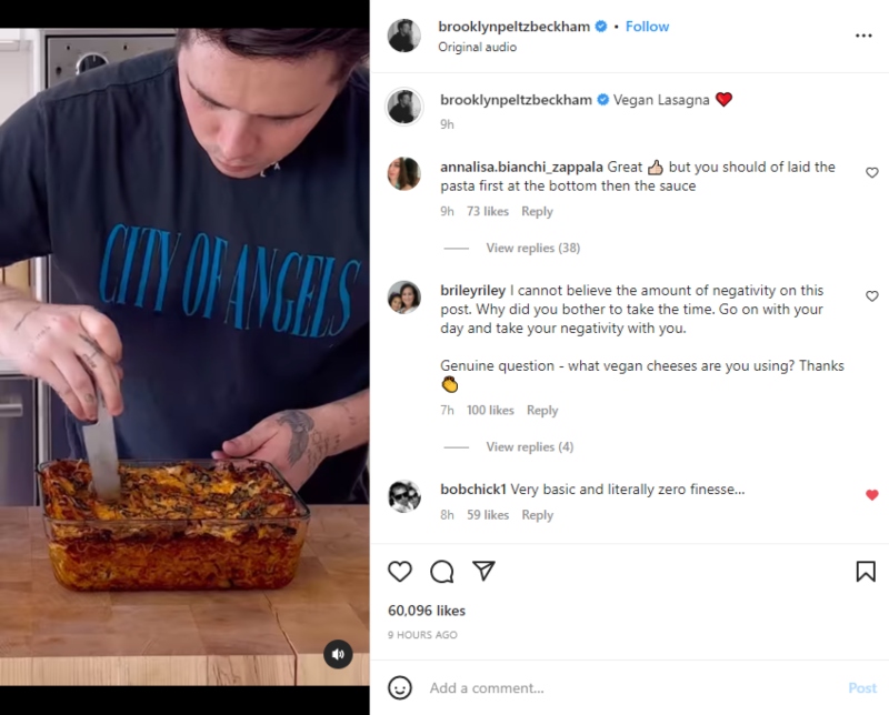 Brooklyn Beckham sparks criticism over his basic vegan lasagne recipe