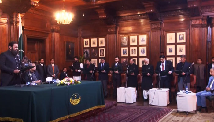 Punjab Governor Baligh Ur Rehman administers oath to the members of caretaker cabinet at the Governors House in Lahore on January 26, 2023. — YouTube/PTVNewsLife