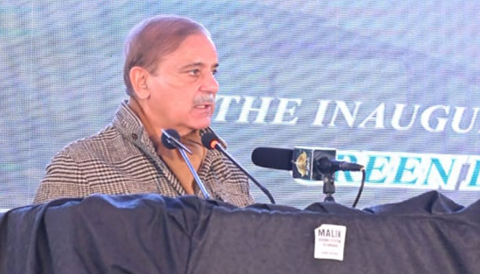 Prime Minister Shehbaz Sharif addressing the inauguration ceremony of the Green Line Express Train Service at the Margalla Train Station on January 27, 2023. —  Twitter/@GovtofPakistan