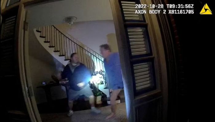 The police body camera footage, released by a court, shows suspect David DePape and Paul Pelosi standing side by side just inside the house. — Twitter