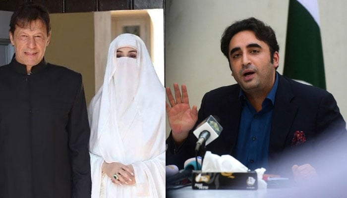 (Left to right) PTI Chairman Imran Khan, Khans wife, Bushra Bibi, and Foreign Minister Bilawal Bhutto-Zardari. — Online/Twitter/@PTIofficial/File