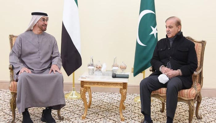 PM Shehbaz Sharif (right) in meeting with UAE Sheikh Mohamed Bin Zayed Al Nahyan. — PMO/ File