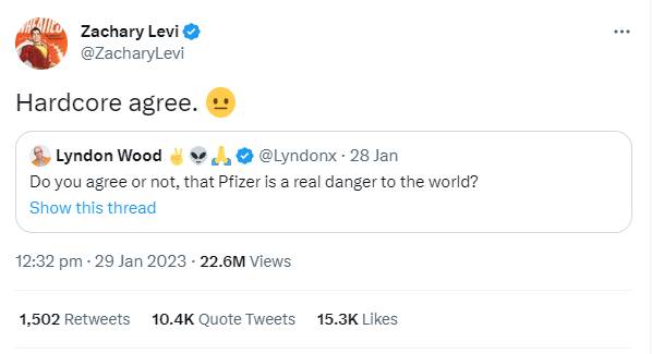 Shazam! star Zachary Levi faces backlash over Pfizer tweet
