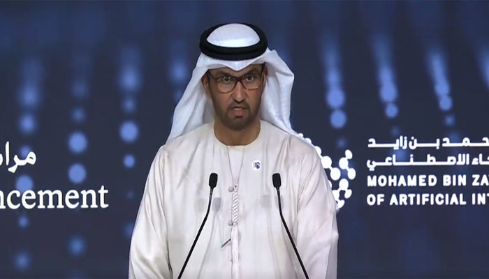 Sultan Al Jaber, the UAEs special envoy for climate change and minister of industry and advanced technology during a graduation ceremony at the Mohamed Bin Zayed University of Artificial Intelligence on January 30, 2023. — Screengrab Twitter/@mbzuai