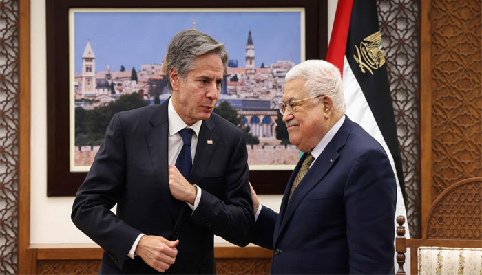 Palestinian President Mahmud Abbas (R) welcomes US Secretary of State Antony Blinken in Ramallah in the occupied West Bank, on January 31, 2023. — AFP