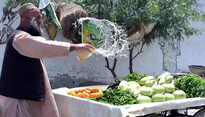 A vendor splashes water on vegetables to keep them fresh in Quetta on October 27, 2022. — INP/File