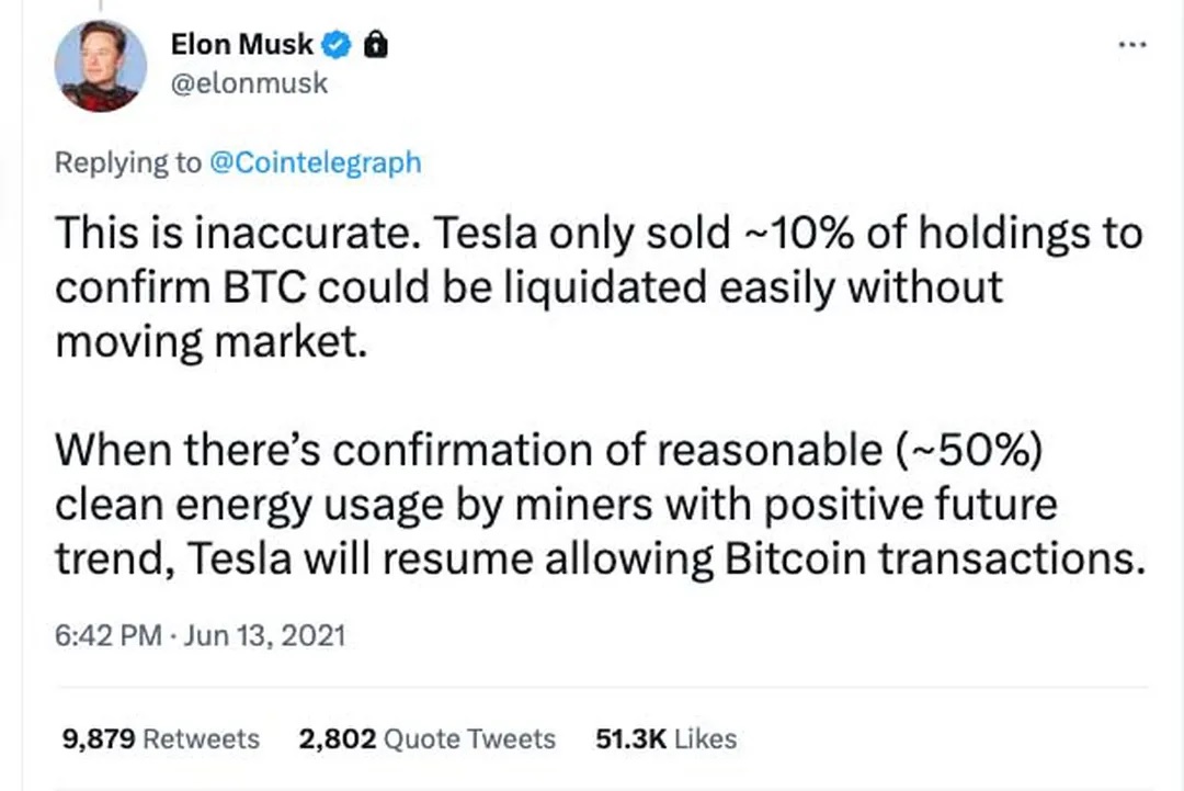 Musk said Tesla had sold 10% of its bitcoin as of June 2021.— Twitter screenshot via The Verge