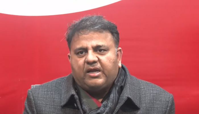 Fawad Chaudhary speaking at a press conference in Islamabad on February 2, 2023. — YouTube/HumNewsLive