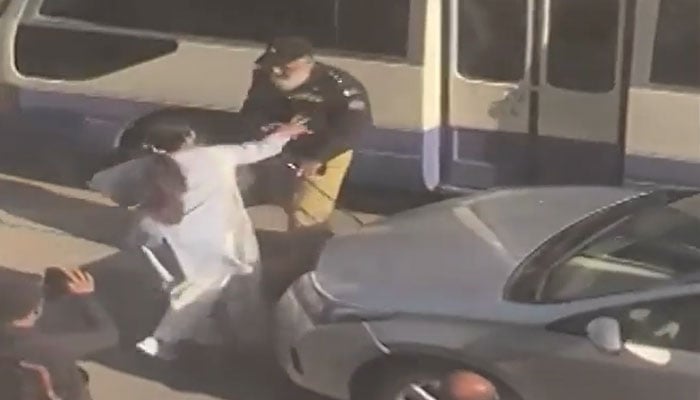 Woman seen slapping the police officers in the viral video. Screengrab of a Geo News video.