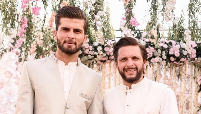 Pakistani pacer Shaheen Shah Afridi (left) poses with his father-in-law Shahid Afridi during his Nikah ceremony in Karachi on February 4, 2023. — Twitter/iShaheenAfridi